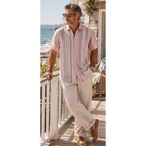 Falls Creek Men's XL Shirt No Tuck Linen Blend Striped Short Sleeve Pastel Multi